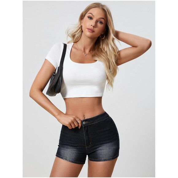 Dark Blue Women's High Waist Denim Shorts Straight Leg Roll Up Hem Button Jean - Picture 4 of 5